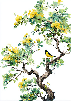 JPG 나무 식물 꽃 여유 일러스트 자연 가지 나뭇잎 풍경 평화 환경 정원 생태 새장 조화 뷰티풀 화조화 국내일러스트 AI일러스트 AI콘텐츠 감정 컨셉 잎 채소 동양화 생태계 케이지 파일형식