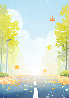 JPG 나무 계절 도로 낙엽 잎 일러스트 자연 나뭇잎 거리 풍경 고요 산책로 가을 변화 조화 국내일러스트 AI일러스트 AI콘텐츠 식물 길 컨셉 교통시설 생태계 파일형식