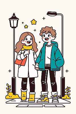 캐릭터 커플 행복 여유 가로등 데이트 일러스트 포옹 거리 따뜻함 사랑 웃음 캐주얼 손잡기 금색 도심 연결 겨울옷 주택가 국내일러스트 AI파일 옷 공공시설 감정 컬러 겨울 관계 안기 모션 표정 도시 파일형식 벡터