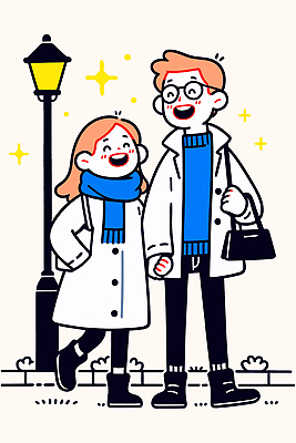 커플 행복 길 겨울 야경 가로등 데이트 일러스트 조명 거리 대화 사랑 웃음 캐주얼 귀여움 손잡기 산책 외투 즐거움 국내일러스트 AI파일 옷 계절 공공시설 감정 컨셉 상의 관계 모션 휴식 표정 말하기 야간 파일형식 벡터 풍경_경치