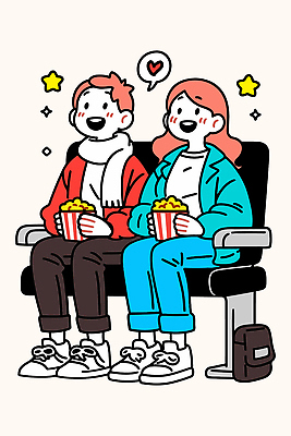 커플 행복 스포츠 의자 데이트 일러스트 놀이 휴식 한국 대화 사랑 취미 친구 만남 영화관 영화 즐거움 팝콘 상영 순간 국내일러스트 AI파일 감정 아시아 가구 컨셉 관계 문화예술 말하기 극장 파일형식 벡터