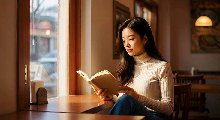 JPG 편집이미지 여자 문화 여유 일상 책 독서 평화 카페 시간 집중 창가 즐거움 순간 의료성형뷰티 편집실사 AI인물포토 AI콘텐츠 감정 컨셉 창문 사람 라이프 상점 CG 파일형식 AI포토