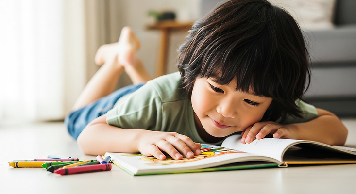 JPG 편집이미지 어린이 모션 놀이 색연필 바닥 책 독서 디지털 방 시간 색칠 편안함 집중 즐거움 의료성형뷰티 편집실사 AI인물포토 AI콘텐츠 감정 컨셉 학용품 사람 감각 CG 파일형식 AI포토