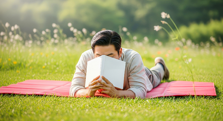 JPG 편집이미지 남자 여유 모션 자연 풍경 잔디 취미 책 여름 독서 햇빛 자유 시간 편안함 의료성형뷰티 편집실사 AI인물포토 AI콘텐츠 식물 계절 감정 컨셉 사람 태양 감각 CG 생태계 파일형식 AI포토