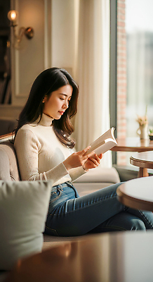 JPG 편집이미지 여자 여유 모션 휴식 앉기 일상 책 독서 햇빛 공간 카페 시간 분위기 편안함 의료성형뷰티 편집실사 AI인물포토 AI콘텐츠 감정 컨셉 사람 라이프 태양 상점 감각 CG 파일형식 AI포토