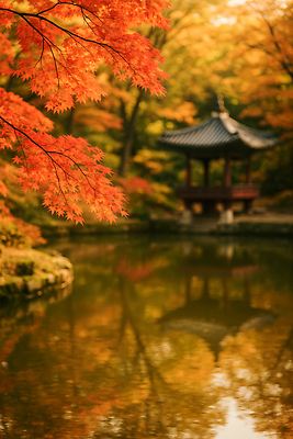 JPG 나무 편집이미지 컬러 단풍 잎 자연 풍경 반사 평화 고요 산책 가을 연못 물가 정자 편집실사 AI포토 AI콘텐츠 식물 건축물 계절 컨셉 휴식 CG 생태계 파일형식