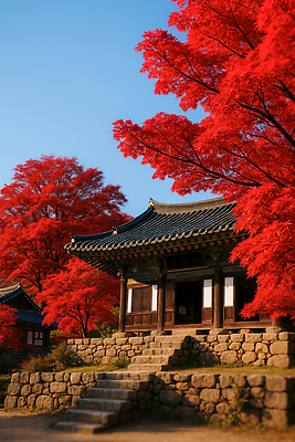 JPG 나무 편집이미지 전통 건축 문화 단풍 자연 하늘 한옥 한국 풍경 빨간색 정원 고요 가을 역사 편집실사 AI포토 AI콘텐츠 식물 한국전통 계절 아시아 컬러 고건축 잎 CG 생태계 파일형식