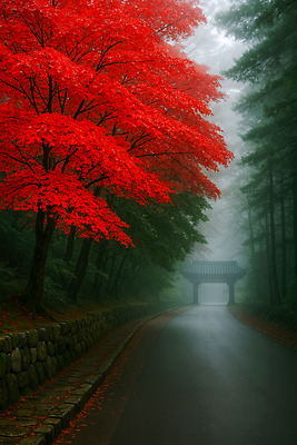 JPG 나무 편집이미지 길 여행 단풍 자연 풍경 빨간색 고요 산책로 안개 가을 숲 힐링 조용 편집실사 AI포토 AI콘텐츠 식물 계절 컬러 잎 날씨 CG 생태계 파일형식