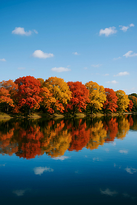 JPG 나무 편집이미지 컬러 단풍 자연 하늘 풍경 빨간색 물 햇빛 반사 노란색 고요 가을 뷰티풀 편집실사 AI포토 AI콘텐츠 자연요소 식물 계절 잎 태양 CG 생태계 파일형식