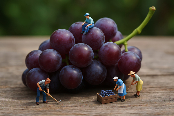JPG 모델 편집이미지 인형 자연 하늘 포도 초록색 농장 미니어처 수확 작업 농부 크기 송이 편집실사 AI컴퓨터그래픽 AI콘텐츠 직업 컬러 농업 과일 모형 CG 생태계 파일형식