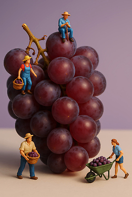 JPG 편집이미지 농업 과일 포도 조형물 농장 바구니 수레 미니어처 수확 작업 농부 색감 편집실사 AI컴퓨터그래픽 AI콘텐츠 직업 산업 미술 모형 카트 CG 파일형식