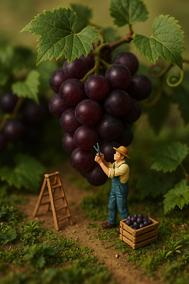 JPG 편집이미지 농업 과일 사다리 자연 포도 사람 상자 수확 작업 농부 포도넝쿨 포도농장 편집실사 AI컴퓨터그래픽 AI콘텐츠 직업 산업 농장 도구 덩굴 CG 생태계 파일형식