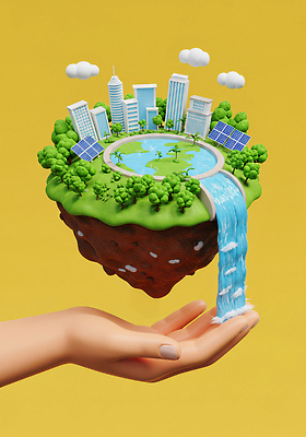 JPG 편집이미지 손 자연 미래 자연보호 환경 도시 개울 집열판 조화 혁명 상상력 푸른숲 편집3D AI컴퓨터그래픽 AI콘텐츠 컨셉 신체부위 강 3D 보호 숲 생태계 태양에너지 파일형식