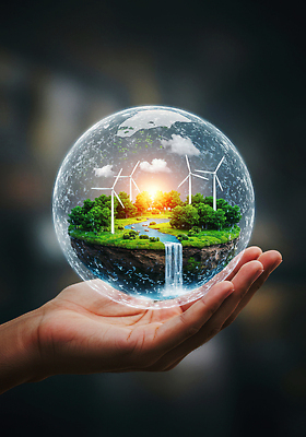 JPG 나무 편집이미지 지구 섬 자연 태양 환경 폭포 발전기 에너지 물방울 풍력에너지 보호 생태 조화 편집3D AI컴퓨터그래픽 AI콘텐츠 자연요소 식물 컨셉 3D 발전소 그린에너지 생태계 파일형식