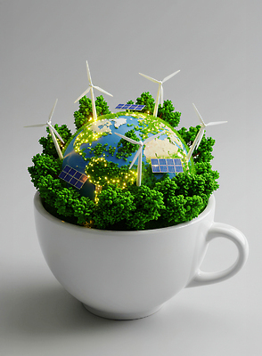 JPG 식물 편집이미지 지구 상징 자연 미래 기술 컵 초록색 환경 발전소 에너지 풍력에너지 태양에너지 혁명 편집3D AI컴퓨터그래픽 AI콘텐츠 식기 컬러 컨셉 3D 그린에너지 생태계 파일형식