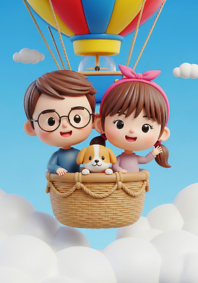 JPG 구름 편집이미지 행복 어린이 여행 하늘색 놀이 하늘 공중 친구 도전 열기구 강아지 즐거움 편집3D AI컴퓨터그래픽 AI콘텐츠 자연요소 감정 관계 항공교통 사람 파란색 반려동물 3D 개 파일형식