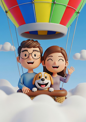 JPG 구름 편집이미지 캐릭터 행복 여행 가족 하늘 항해 표정 소풍 열기구 강아지 놀이터 즐거움 편집3D AI컴퓨터그래픽 AI콘텐츠 자연요소 감정 배_교통 관계 항공교통 놀이 반려동물 야외활동 3D 개 파일형식