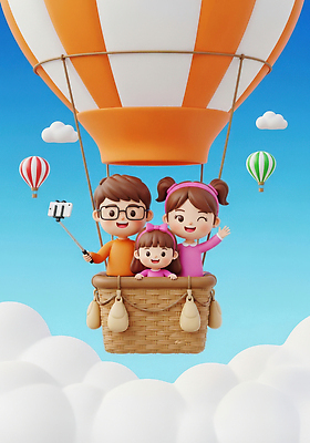 JPG 구름 편집이미지 행복 컬러 여행 가족 놀이 하늘 풍경 공중 부모 자녀 열기구 셀프카메라 즐거움 편집3D AI컴퓨터그래픽 AI콘텐츠 자연요소 감정 관계 항공교통 3D 사진촬영 파일형식