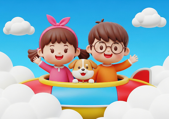 JPG 구름 편집이미지 캐릭터 행복 어린이 여행 상상 놀이 비행기 밝음 웃음 친구 강아지 즐거움 순간 편집3D AI컴퓨터그래픽 AI콘텐츠 자연요소 감정 관계 항공교통 대중교통 표정 사람 반려동물 3D 개 파일형식