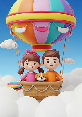 JPG 구름 편집이미지 캐릭터 행복 어린이 컬러 여행 자연 놀이 하늘 미소 공중 친구 열기구 강아지 즐거움 편집3D AI컴퓨터그래픽 AI콘텐츠 자연요소 감정 관계 항공교통 표정 사람 반려동물 3D 개 생태계 파일형식