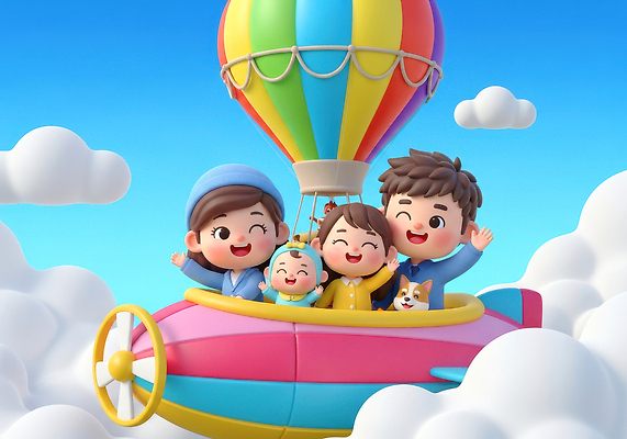 JPG 구름 편집이미지 행복 컬러 여행 가족 하늘 반려동물 평화 열기구 강아지 즐거움 풍선 동심 편집3D AI컴퓨터그래픽 AI콘텐츠 자연요소 동물 감정 컨셉 관계 항공교통 3D 개 파일형식