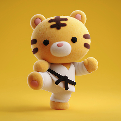 JPG 동물 편집이미지 캐릭터 표정 운동 노란색 귀여움 피규어 무도 호랑이 킥 태권도 태권도복 팬시 편집3D AI컴퓨터그래픽 AI콘텐츠 스포츠 컬러 컨셉 포유류 모션 건강 도복 3D 격투기 미니어처 파일형식