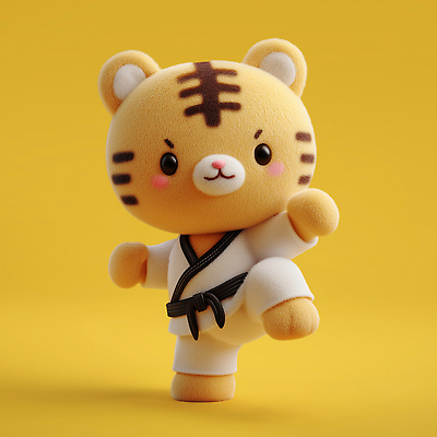 JPG 편집이미지 캐릭터 디자인 동물캐릭터 도복 운동 노란색 귀여움 호랑이 킥 태권도 활기 소프트 스타일 편집3D AI컴퓨터그래픽 AI콘텐츠 동물 옷 컬러 컨셉 포유류 모션 건강 3D 격투기 파일형식