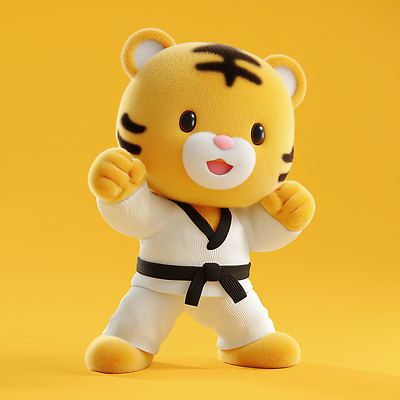 JPG 동물 편집이미지 캐릭터 스포츠 포즈 도복 장난감 운동 노란색 귀여움 헬스 호랑이 즐거움 태권도 편집3D AI컴퓨터그래픽 AI콘텐츠 옷 감정 컬러 컨셉 포유류 건강 3D 격투기 파일형식