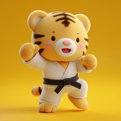 JPG 동물 편집이미지 캐릭터 포즈 도복 운동 노란색 귀여움 호랑이 태권도 검은띠 테마 편집3D AI컴퓨터그래픽 AI콘텐츠 옷 스포츠용품 컬러 컨셉 포유류 건강 3D 격투기 끈 파일형식