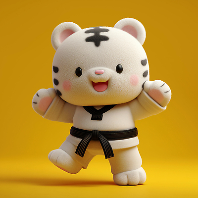 JPG 동물 편집이미지 캐릭터 스포츠 포즈 표정 노란색 귀여움 곰인형 춤 호랑이 태권도 검은띠 편집3D AI컴퓨터그래픽 AI콘텐츠 인형 스포츠용품 컬러 컨셉 포유류 문화예술 3D 격투기 끈 파일형식