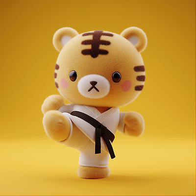 JPG 편집이미지 캐릭터 인형 놀이 밝음 도복 운동 노란색 귀여움 호랑이 킥 즐거움 태권도 검은띠 편집3D AI컴퓨터그래픽 AI콘텐츠 옷 감정 스포츠용품 컬러 컨셉 포유류 모션 건강 3D 격투기 끈 파일형식