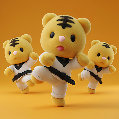 JPG 편집이미지 캐릭터 옷 포즈 모션 놀이 장난감 운동 귀여움 호랑이 킥 즐거움 태권도 밝은색 편집3D AI컴퓨터그래픽 AI콘텐츠 감정 컨셉 포유류 건강 3D 격투기 파일형식