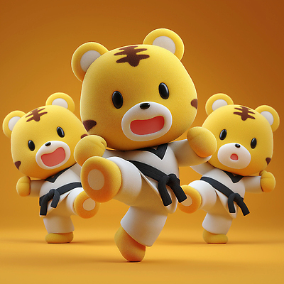 JPG 편집이미지 캐릭터 감정 인형 컬러 백그라운드 모션 운동 귀여움 주황색 곰인형 모임 표현 호랑이 킥 즐거움 태권도 편집3D AI컴퓨터그래픽 AI콘텐츠 컨셉 포유류 건강 3D 격투기 파일형식