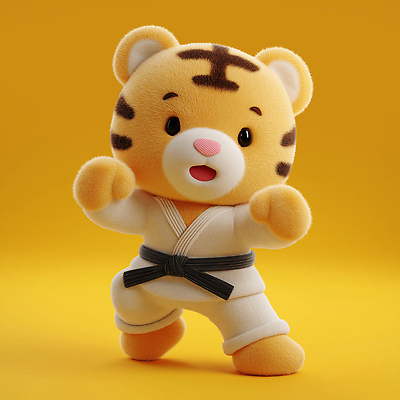 JPG 동물 무료이미지 편집이미지 캐릭터 포즈 털 도복 장난감 운동 노란색 귀여움 호랑이 오브젝트 태권도 검은띠 태극권 편집3D AI컴퓨터그래픽 AI콘텐츠 옷 스포츠용품 컬러 컨셉 포유류 건강 3D 격투기 끈 파일형식