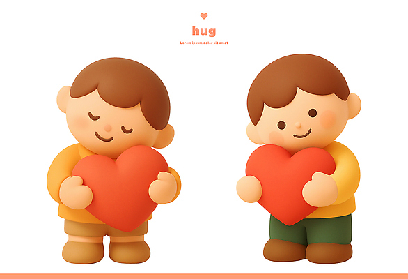 PSD 편집이미지 캐릭터 감정 컬러 포즈 안기 따뜻함 사랑 소년 우정 하트 표현 조화 동심 편집3D 모양 남자 어린이 모션 친구 3D 파일형식