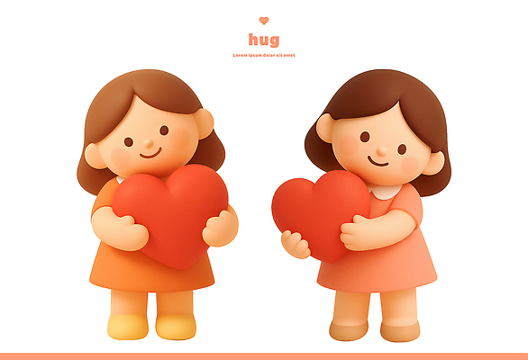 PSD 편집이미지 캐릭터 감정 어린이 포옹 따뜻함 사랑 미소 소녀 두명 우정 하트 표현 색감 편집3D 모양 여자 안기 표정 사람 친구 3D 파일형식