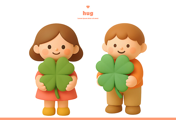 PSD 편집이미지 캐릭터 행복 어린이 포옹 자연 놀이 따뜻함 사랑 미소 우정 네잎클로버 즐거움 동심 편집3D 식물 감정 안기 표정 사람 친구 3D 클로버 생태계 파일형식