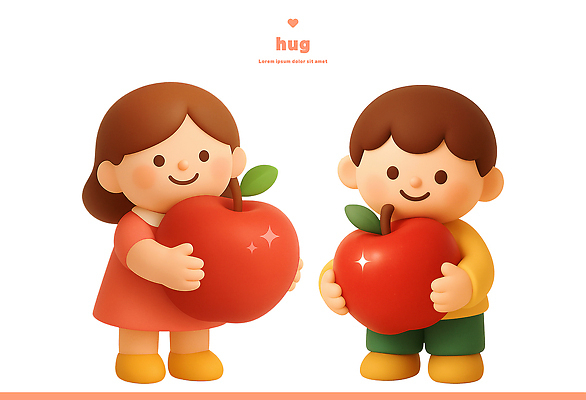PSD 편집이미지 캐릭터 디자인 감정 어린이 포옹 따뜻함 사랑 웃음 친구 사과 결합 단순화된 순간 편집3D 과일 관계 안기 표정 사람 3D 파일형식