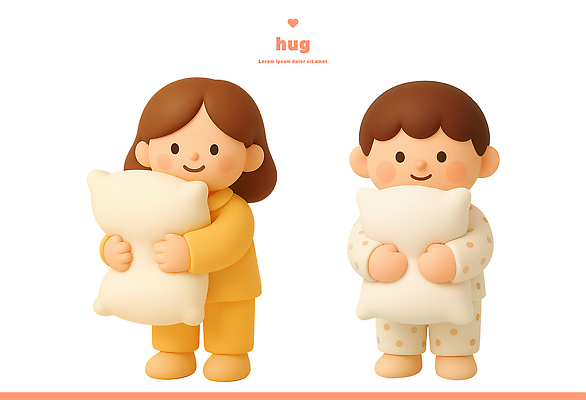 PSD 편집이미지 캐릭터 행복 어린이 쿠션 놀이 동화 사랑 미소 귀여움 이불 잠옷 포근함 편안함 편집3D 옷 감정 컨셉 침구 표정 사람 3D 감각 파일형식