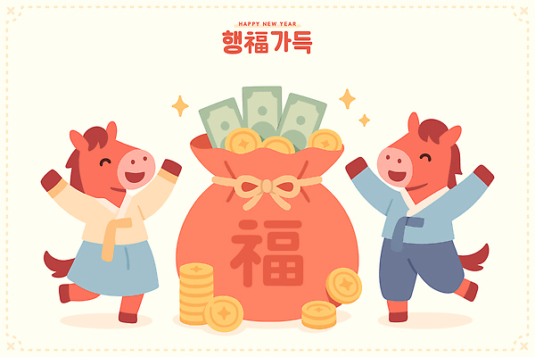 전통 행복 돈 일러스트 가족 봉투 새해 함께함 설날 파티 동전 축제 기쁨 축하 말_게임 소 즐거움 세배 연휴 국내일러스트 AI파일 명절 감정 컨셉 포유류 관계 이벤트 공휴일 절_인사 재산 파일형식 벡터