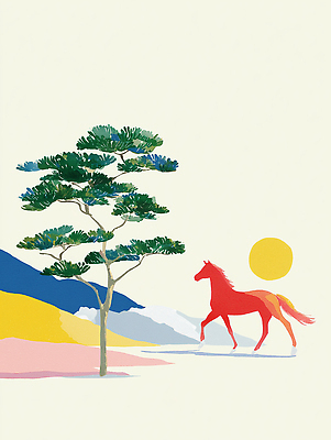 JPG 동물 예술 일러스트 자연 산 풍경 빨간색 태양 일출 고요 산책 춤 소나무 말_게임 생태 조화 뷰티풀 색감 경관 국내일러스트 AI일러스트 AI콘텐츠 자연요소 나무 컬러 문화예술 휴식 노을 생태계 파일형식