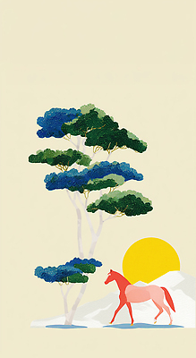 JPG 나무 여유 예술 컬러 일러스트 자연 생명 산 풍경 태양 평화 걷기 일출 고요 산책 말_게임 그림 조화 뷰티풀 색채 국내일러스트 AI일러스트 AI콘텐츠 자연요소 식물 감정 컨셉 모션 휴식 노을 생태계 파일형식