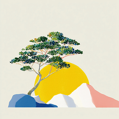 JPG 나무 식물 디자인 여유 예술 컬러 일러스트 자연 하늘 풍경 태양 일출 일몰 바위 소나무 그림 조경 감성 조화 뷰티풀 국내일러스트 AI일러스트 AI콘텐츠 자연요소 감정 컨셉 노을 돌_바위 생태계 파일형식