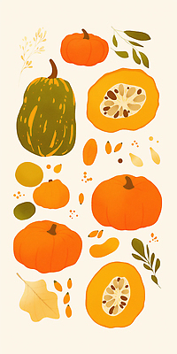 JPG 모양 식물 디자인 패턴 과일 일러스트 자연 호박 따뜻함 초록색 가을풍경 주황색 수확 가을 편안함 크기 배열 건강식 색감 국내일러스트 AI일러스트 AI콘텐츠 계절 음식 컬러 무늬 농업 채소 풍경 감각 생태계 파일형식 가을_계절