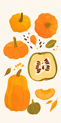 JPG 식물 디자인 음식 채소 일러스트 재료 자연 호박 건강 씨앗 장식 농장 주황색 수확 가을 달콤 유기농 조화 국내일러스트 AI일러스트 AI콘텐츠 웰빙 계절 컬러 농업 맛 생태계 파일형식