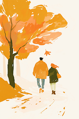 JPG 나무 커플 옷 길 여유 단풍 일러스트 자연 함께함 사랑 풍경 노란색 걷기 손잡기 산책 가을 외출 길가 뷰티풀 국내일러스트 AI일러스트 AI콘텐츠 식물 계절 감정 컬러 컨셉 잎 관계 모션 휴식 생태계 파일형식