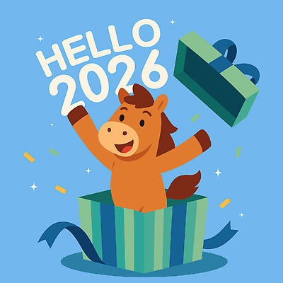 동물 디자인 백그라운드 일러스트 기념 밝음 장식 파란색 선물상자 파티 귀여움 축제 축하 말_게임 즐거움 생동감 2026년 국내일러스트 병오년 AI파일 감정 컬러 컨셉 선물 이벤트 상자 연도 파일형식 벡터