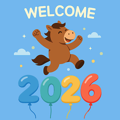 캐릭터 디자인 행복 컬러 일러스트 하늘 파티 귀여움 기쁨 축하 말_게임 즐거움 풍선 환영 생동감 순간 2026년 국내일러스트 병오년 AI파일 감정 컨셉 이벤트 연도 파일형식 벡터