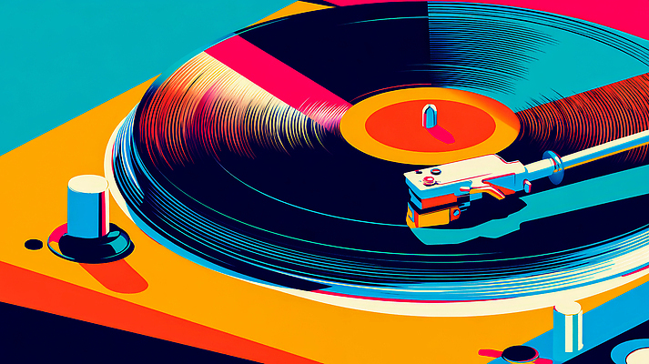 JPG 디자인 예술 음악 일러스트 컬러풀 기계 소리 음악감상 레코드 음반 빈티지 바늘 복고 회전 감성 턴테이블 색감 창작 디지털아트 국내일러스트 AI일러스트 AI콘텐츠 컬러 컨셉 문화예술 감상 도구 파일형식