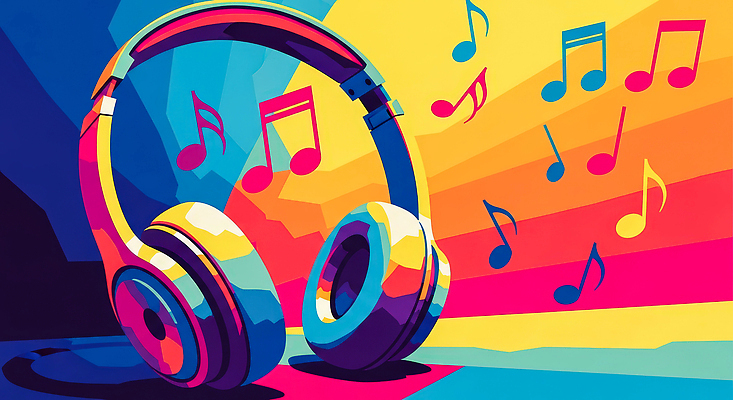 JPG 디자인 문화 음악 컬러 백그라운드 음표 일러스트 그래픽 헤드폰 소리 표현 즐거움 감성 리듬 색채 창의성 국내일러스트 AI일러스트 AI콘텐츠 기호 감정 음향기기 컨셉 문화예술 파일형식